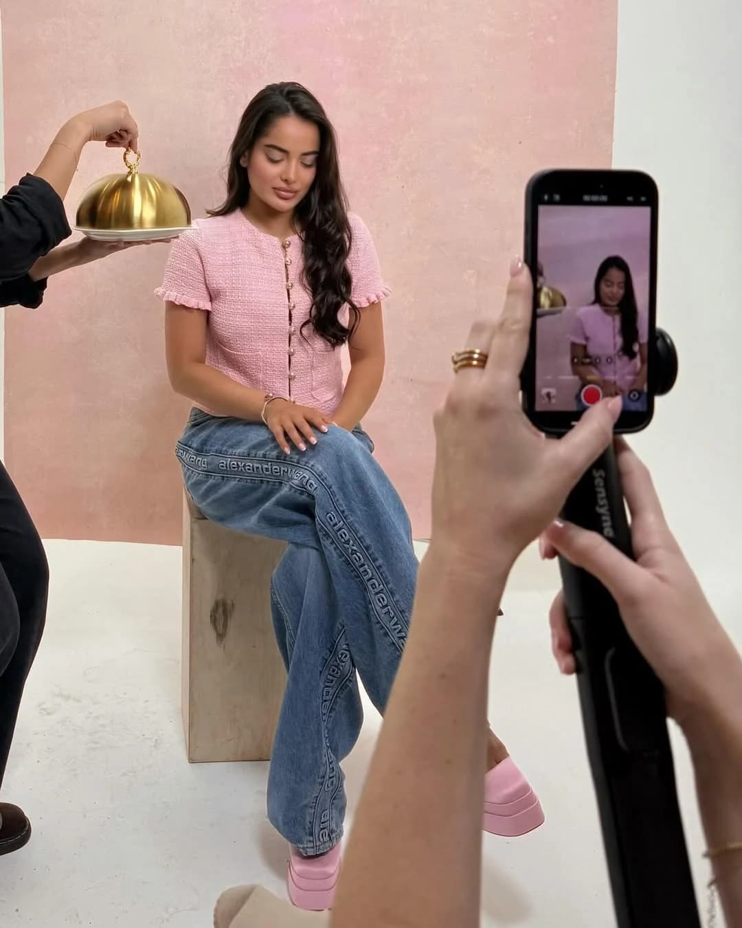 Rebecca Ghaderi seated in a pink blouse beside a golden serving cloche on an Ellis Brooklyn shoot